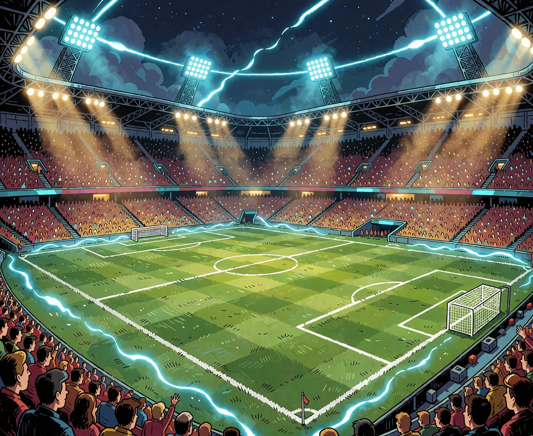 Oświetlony stadion piłkarski nocą - zakłady sportowe i live betting w Casoola