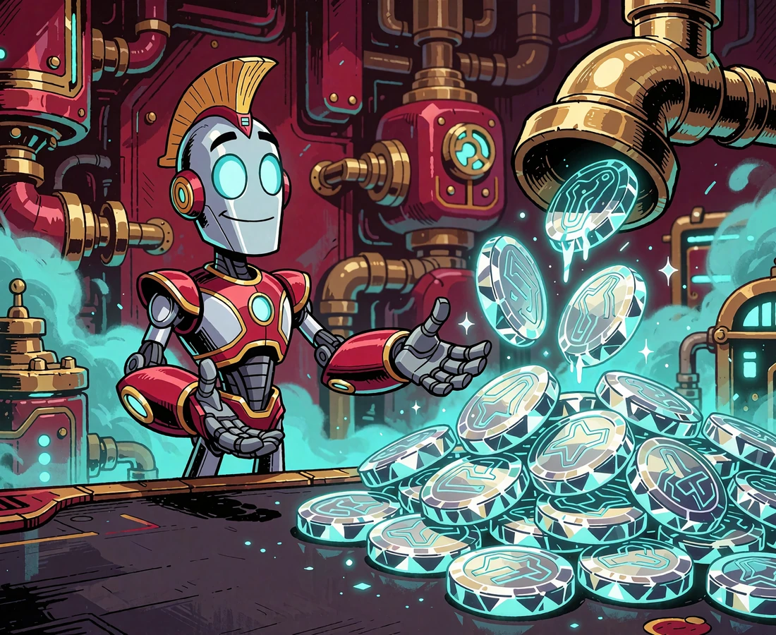 Robot zbiera świecące żetony kryptowalutowe spod mosiężnej rury - bonus krypto 200% w kasynie Casoola